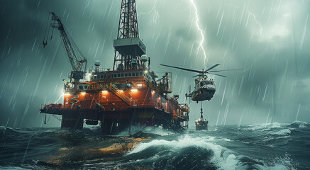 Rescue workers help victims of disasters at sea, such as oil rigs. gas drilling rig Boat in bad weather with helicopter. Generative AI.