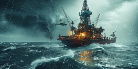 Rescue workers help victims of disasters at sea, such as oil rigs. gas drilling rig Boat in bad weather with helicopter. Generative AI.