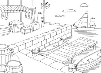 Old port ship graphic black white sea landscape sketch illustration vector