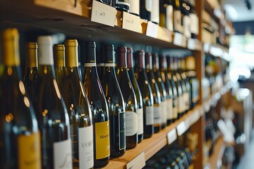 Wine bottles on wooden shelf in wine store