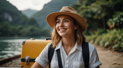 Happy travel woman on vacation concept. Funny traveler enjoy her trip and ready to adventure, Generative.AI
