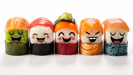 Mouth-watering funny rolls with salmon, rice, avocado,  seafood for children, funny the smile on the character's face