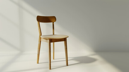 A lone wooden chair bathed in sunlight against a stark, shadowed wall.