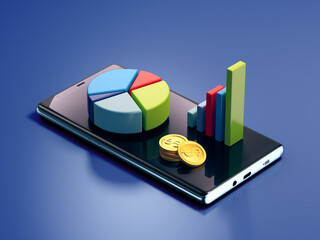 Stock graphs 3d illustration icon on smart phone, Not gen Ai