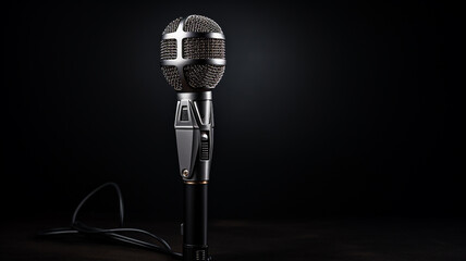 Silver microphone on a dark black background, musical sound equipment