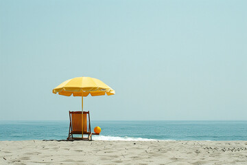 A picturesque view of a sandy beach, showcasing a lone beach chair under a cheery yellow umbrella, with a playful ball adding a pop of color.