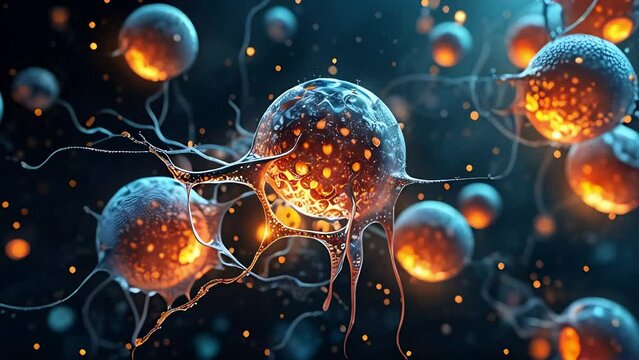 Scientific close-up study of neural stem cells in a culture dish, showing the different stages of differentiation and growth