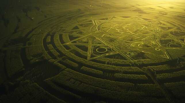 A green crop circle with geometric patterns and a close-up of wheat ears.