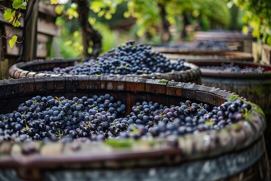 Winemakers farmers making wine of grape in traditional winepress