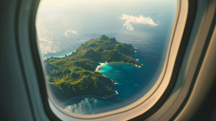Fototapeta premium Aerial island view through an airplane window basking in warm sunlight.