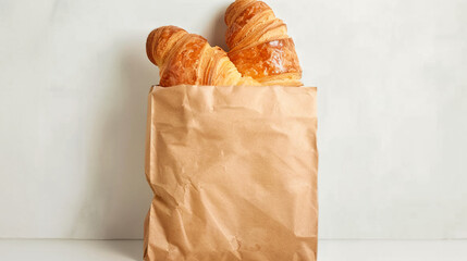 Freshly baked French buttery flaky croissants in brown paper bag on white background. Minimalist creative food banner with copy space - Powered by Adobe