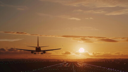 An airplane descends towards the runway against a breathtaking sunset, signaling journeys end.