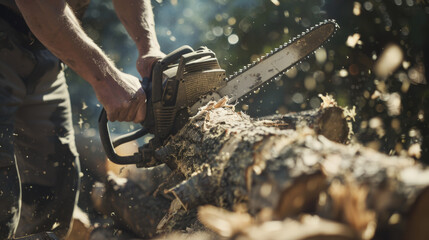 Obraz premium Sunlight filters through as a person saws through a log with a chainsaw.