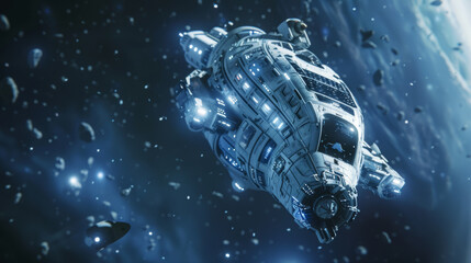 Spaceship drifting through an asteroid field, exploring the vastness of a digital universe.