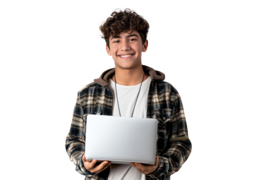Young Man with Laptop on Invisible Background