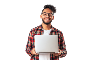 Central American Man Smiling with Laptop