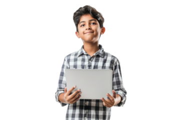 Young Boy with Laptop on Transparent Background