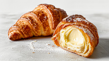 Freshly baked French buttery flaky croissant with cream filling on gray background. Minimalist creative food banner with copy space