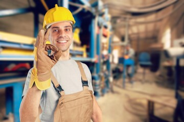 Portrait of manual worker standing, industry operating.