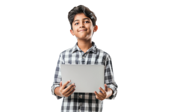 Young Boy with Laptop on Transparent Background - Powered by Adobe