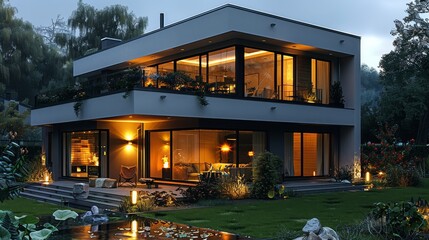 Obraz premium Courtyard, there are lights on the wall at the corner of the house illuminating the yard, the house is in side view, modern architecture. Generative AI.