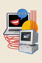Vertical photo collage of two technology devices computer macbook wallpaper mouth smile speak wow eye brow isolated on painted background