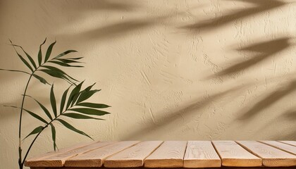 empty table on beige texture wall background leaves shadow on the wall