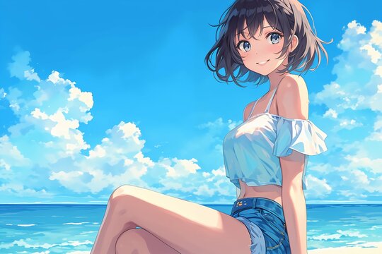 Anime girl, summer concept, sun and beach, illustration, digital art