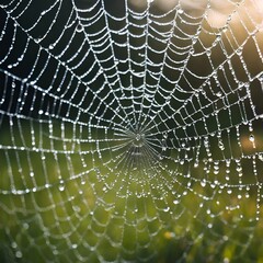 AI generated illustration of a spider web covered in water droplets in a solitary field