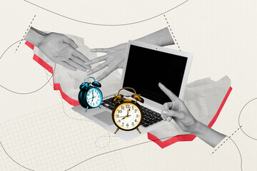 Composite photo collage of hands show macbook device freelance deadline concept alarm clock timeline isolated on painted background