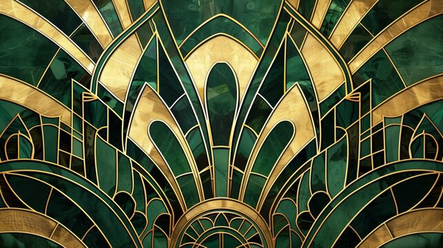 Art Deco Style Geometric Green and Gold Design
