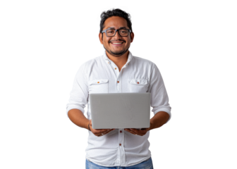 Smiling Man with Laptop on Transparent