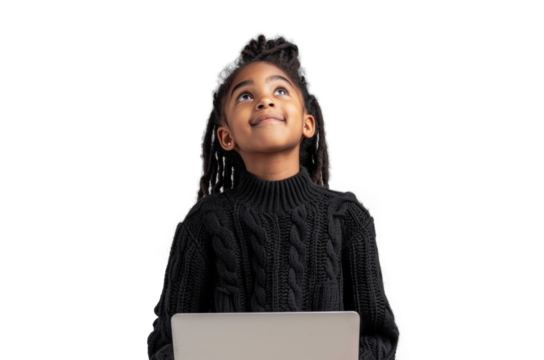Young Girl with Laptop Looking Upward