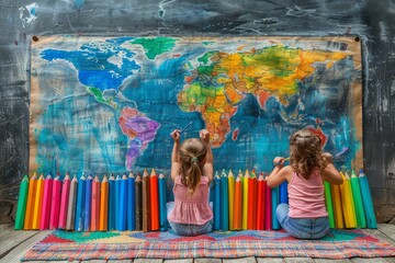 World Children's Day. The little girls draw world