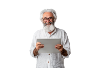 Senior Man with Tablet on Transparent Background