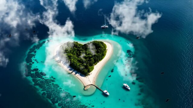 Aerial view of heart shaped island. Seamless looping time-lapse 4k video animation background
