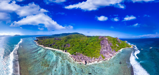Panoramic aerial view of La Digue Island, Seychelles