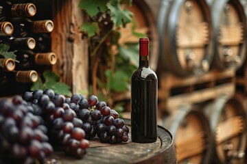Obraz premium A bottle of red wine of wine stand on a wooden barrel, against the backdrop of oak barrels.