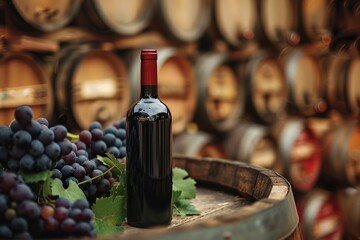 Obraz premium A bottle of red wine of wine stand on a wooden barrel, against the backdrop of oak barrels.