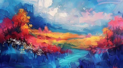 Contemporary art landscape, bright colors, intense blues. Generative AI.