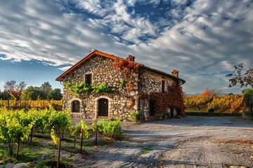Naklejka premium a traditional old stone farm house and picturesque grape vineyard, with symmetrical rows of vines
