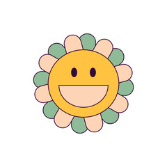  Groovy Vector Cartoon Vintage Happy Chamomile Flower with Stroke on White Background. Hippie Trendy Aesthetic Design, Geometric. Retro Style 70s, 80s.
