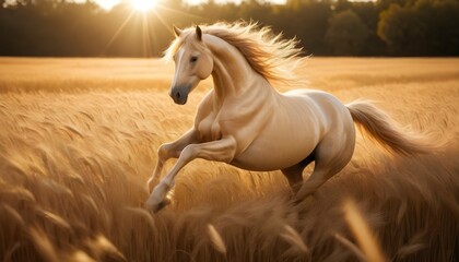 Depict a golden horse galloping through a field of upscaled_4