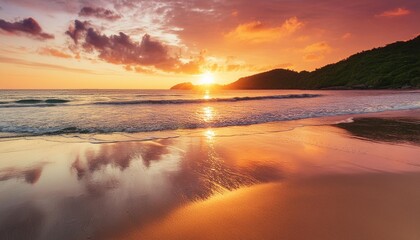 an image of a vibrant sunset over a serene beach with colorful reflections shimmering on the sand