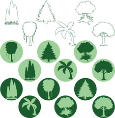 silhouette tree line drawing set, Side view, set of graphics trees elements outline symbol for architecture and landscape design drawing
