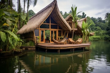 Fototapeta premium Tranquil and serene lakeside bungalow retreat surrounded by lush greenery and exotic vegetation. Offering an eco-friendly waterfront cabin with a traditional thatched roof