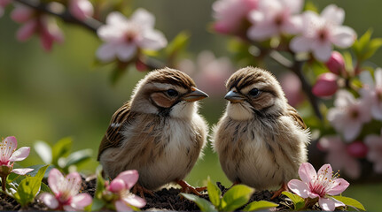 small funny Sparrow Chicks sit in the garden surrounded by pink Apple blossoms on a Sunny may day, Generative.AI

