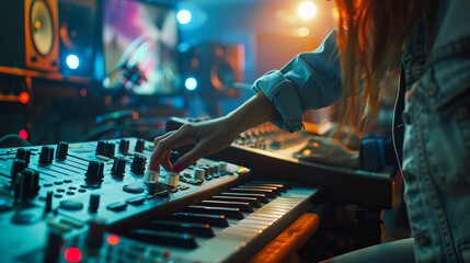 A woman uses an equalizer to adjust the sound in a music studio. The background is blurred. - Powered by Adobe