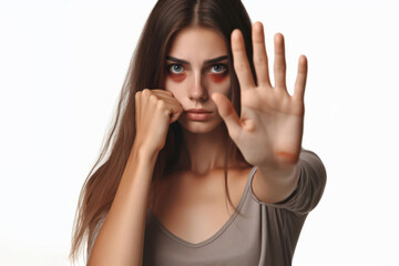 Fototapeta premium woman with her hand outstretched as a sign of stop against violence Isolated on white background