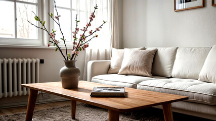 A stunning 3D render of a minimalist  living room, showcasing a vase with a blossoming twig on a wooden coffee table. 